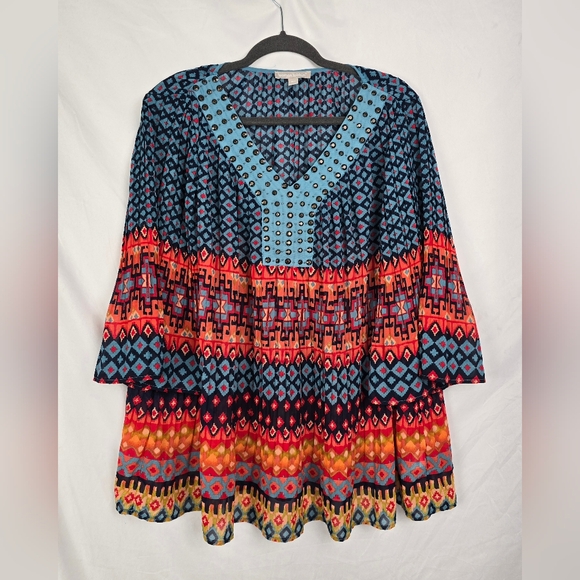 Woman Within Tops - Woman Within Studded Southwestern Boho Pleated Peasant V-Neck Top sz 18/20 L